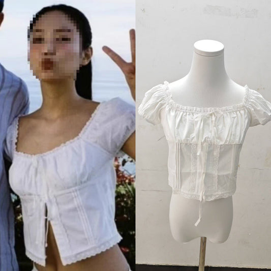 Square Collar Pleated Edge Self-tie Lace Short Top