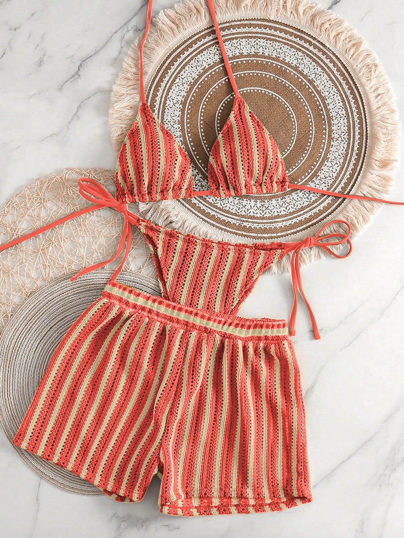 Womens Sexy Woven Bohemian Bikini Three-Piece Set