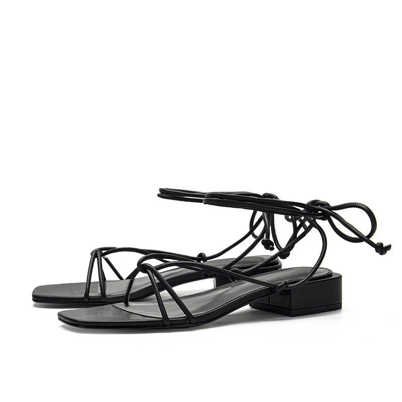 Strappy square toe low heel sandals
