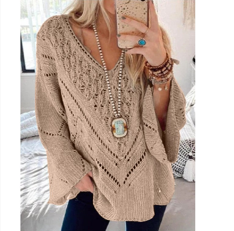 Women's Solid Color Cutout V-Neck Flared Sleeve Knit Sweater