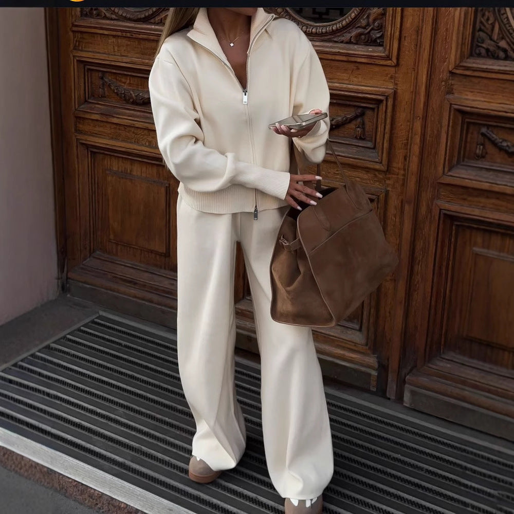 Solid-color Slim-fit Cropped Top And Slim-fit Knit Pants Two-piece Set