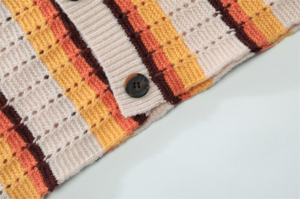 SweaterCrochet StripedThread Lapel Knit Cardigan