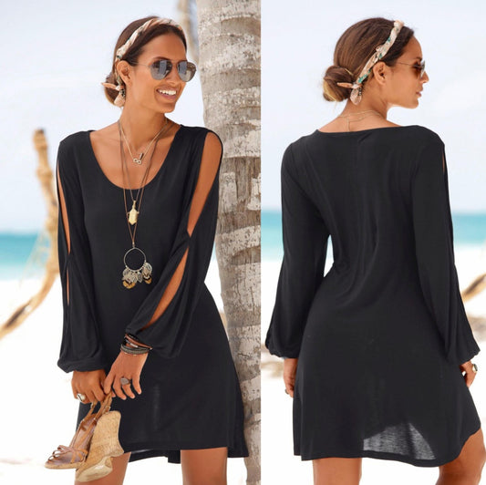 Dress Deep V-neck Loose Shoulder Long Sleeve Casual Beach Dress