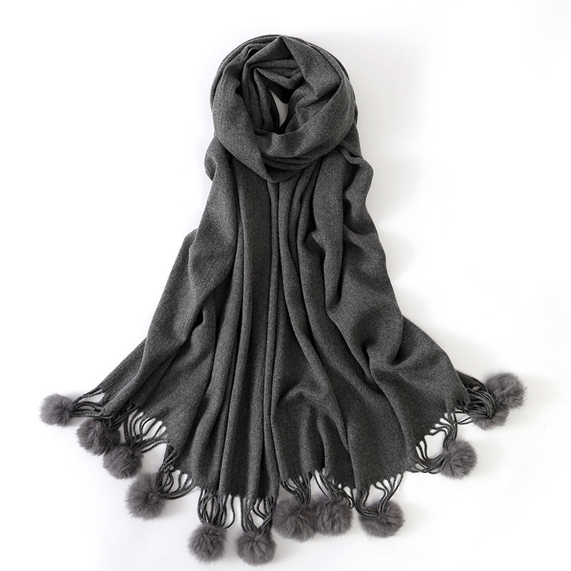 Pure color rabbit fur ball cashmere scarf