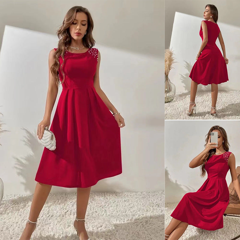 Women's Slim Fitting Round Neck Studded Sleeveless Dress