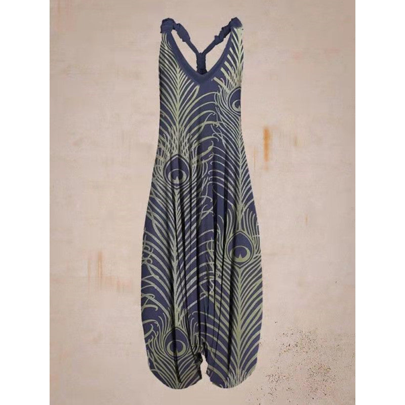 Printed Loose Large Size Haren Pants Beach Suspender Jumpsuit