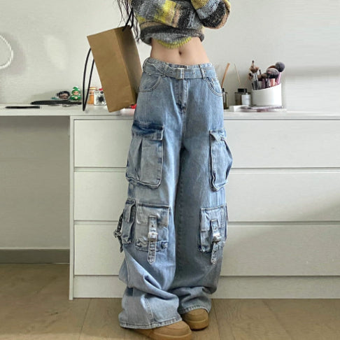 Amerikanske Street Workwear Wide Leg Jeans Design Med Multilommer