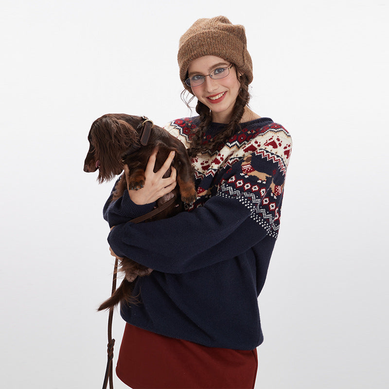 European And American Retro Contrast Color Loose Couple Jacquard Loose-fitting Pullover Sweater