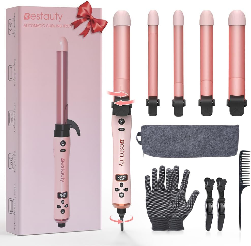 Bestauty Rizador De Pelo Automático Con 4 Barriles De Cerámica Intercambiables, Rizador Pelo De Calentamiento Rápido De 19-32 Mm Con Pantalla LED, 160-220°C Rosa