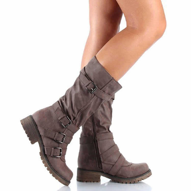 Martin boots with belt buckle and side zipper