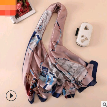 Spring, summer and autumn, new flowers, elegant and high-end artificial silk scarf, female decorative shawl, sunscreen beach towel