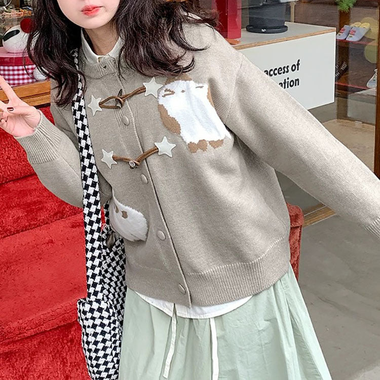 Japanese Style Sweet And Cute Cartoon Jacquard Horn Button Knitted Cardigan