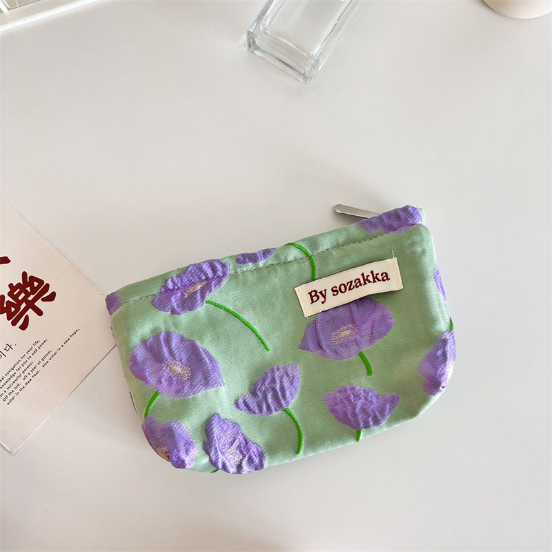 French Relief Flower Makeup Simple Portable Handbag Casual Mobile Phone Handheld Bag