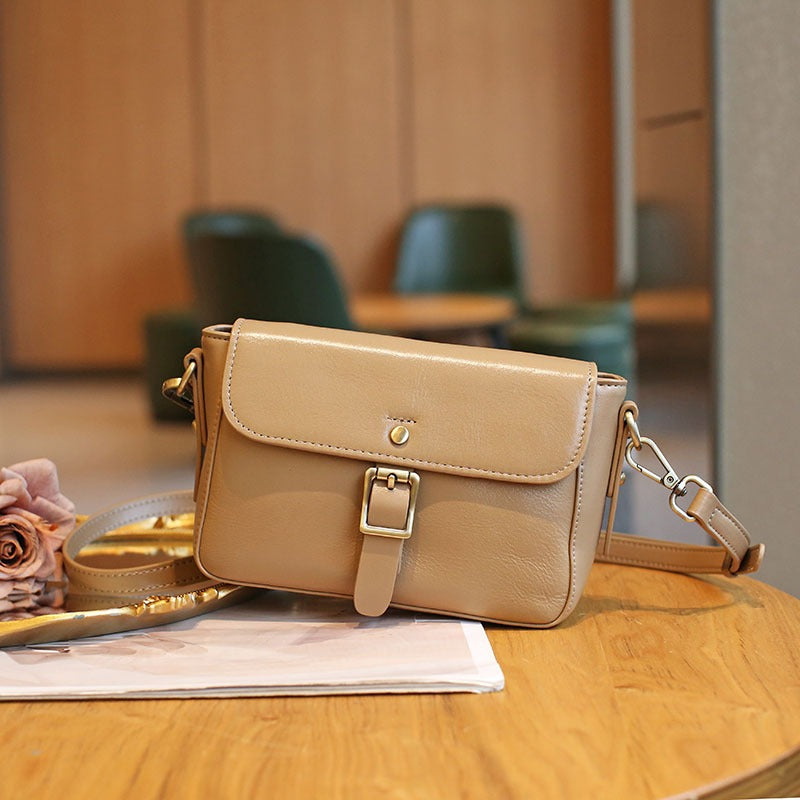Retro Easy Matching Casual Crossbody Top Layer Vegetable Tanning Leather Shoulder Small Square Bag