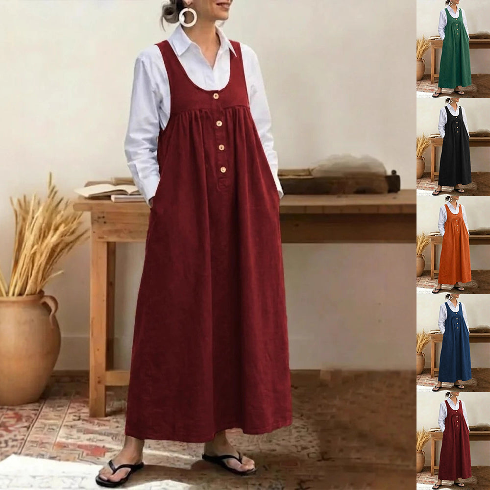 Loose Overalls Dress Casual U-neck Button Pockets Dresses Summer Spring Clothing