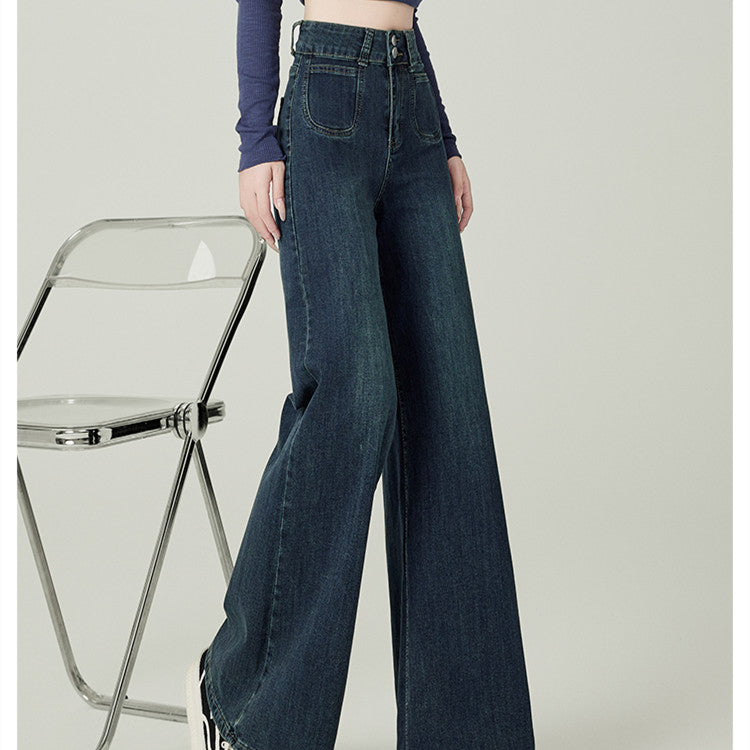 Dame-vintageblå jeans med høj talje