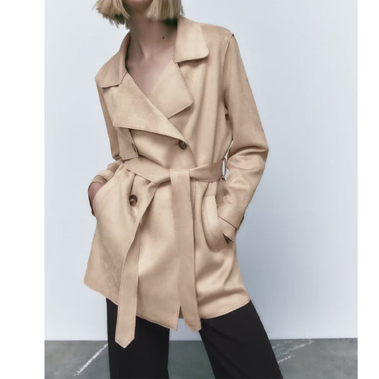 European And American Loose Lace-up Mid-length Suede Textured Trench Coat