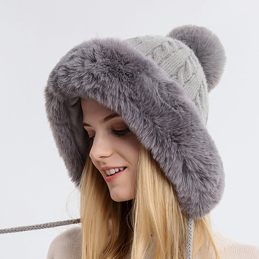 Three Fur Balls Outdoor Thickening And Fleece Cold Proof Warm Solid Color Knitted Hat