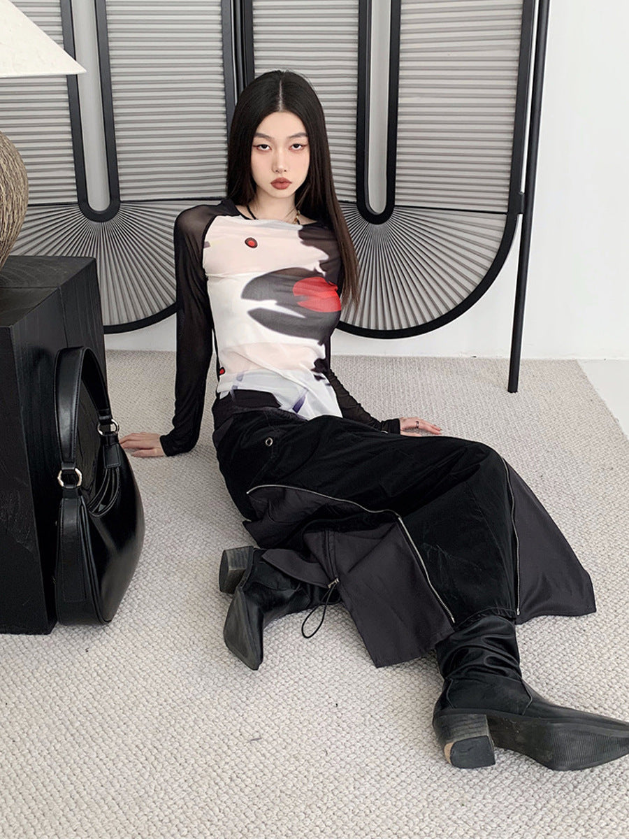 Round Neck Mesh Long Sleeve Printed Bottom Shirt
