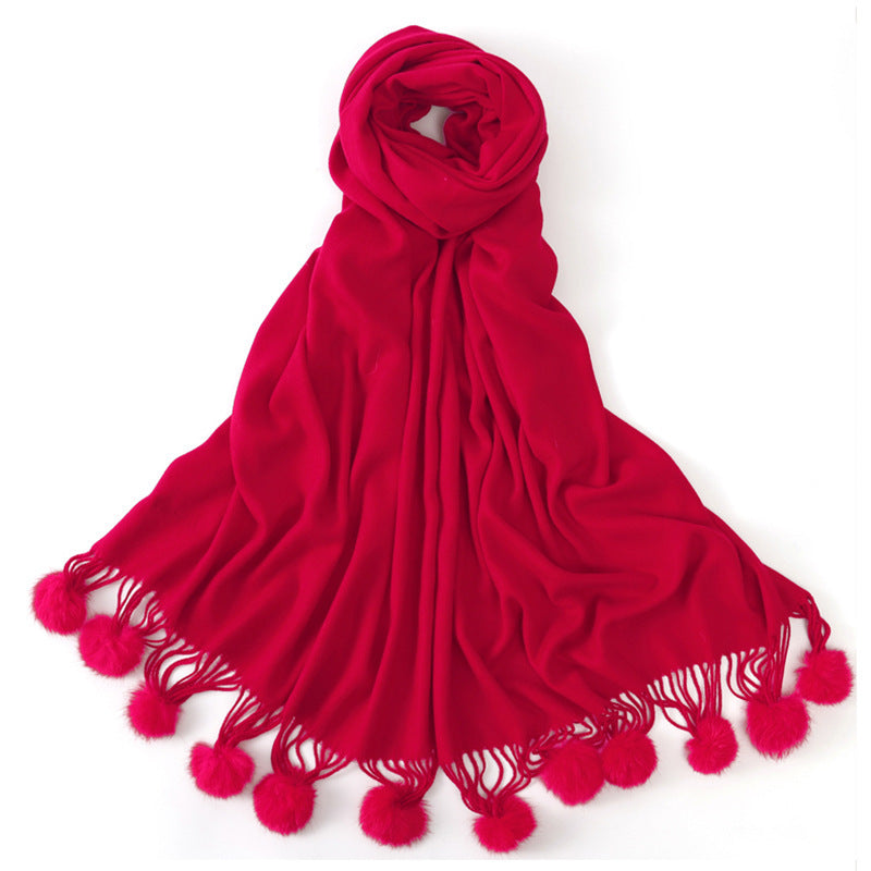 Pure color rabbit fur ball cashmere scarf