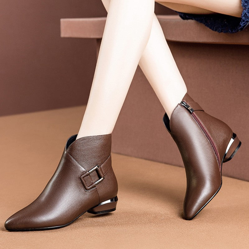 Fashion Pointed Toe Women's Low-heeled Belt Buckle And Cashmere Martin Boots