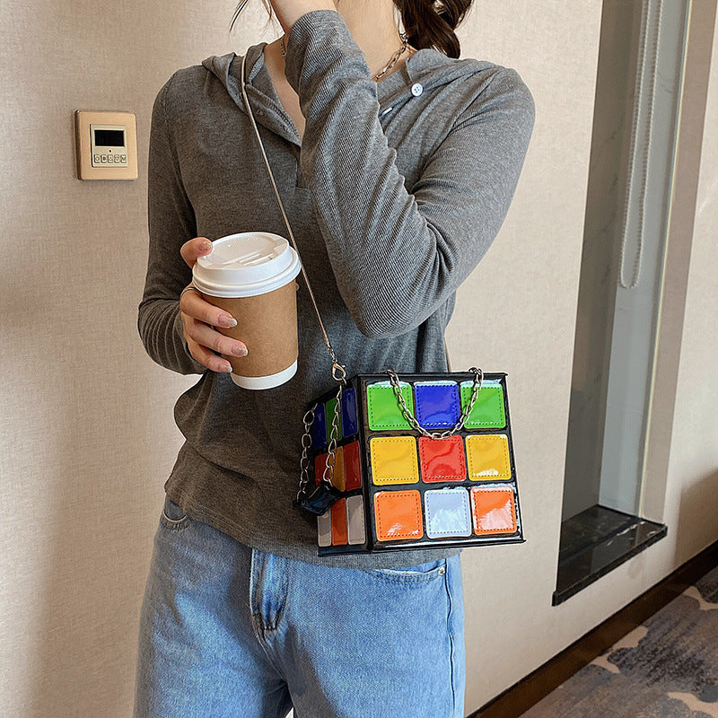 Fashion Color Contrast Cute Personality Creative Rubik's Cube Shape Portable Hand-carrying Chain Bag