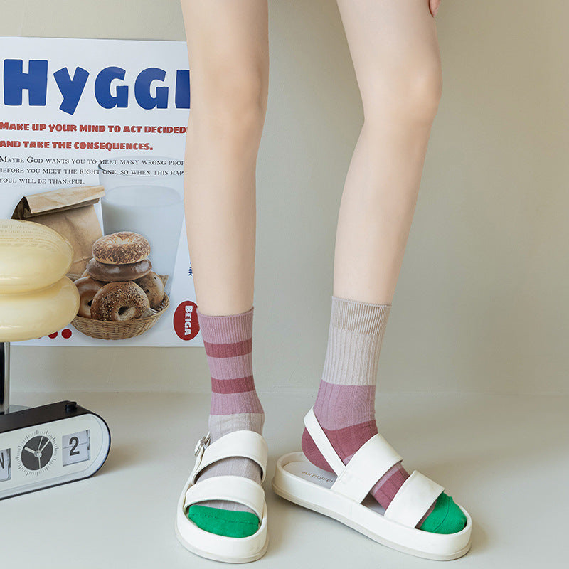 Stripe Contrast Color Tube Socks Color Matching Asymmetric AB Socks