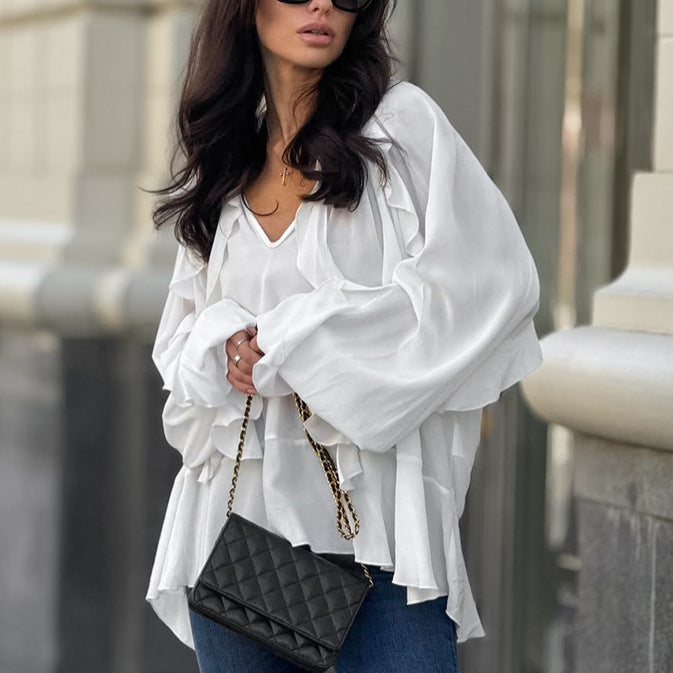 Women's Simple Layered Ruffled V-neck White Shirt