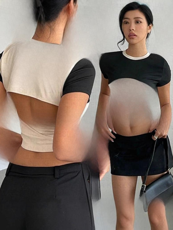 Fashionable Niche-design Cropped Top With A Color-blocked Slim-fit Design And A Round-neck Short-sleeve Silhouette