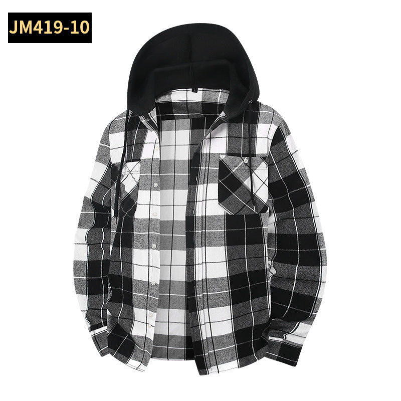 Men's Plaid Shirt Casual Hooded Jacket With Two Pockets