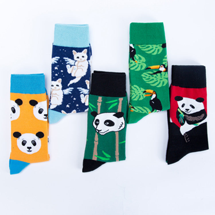 Happy tide socks, pandas, flowers and birds, colorful, high tube, casual cotton socks