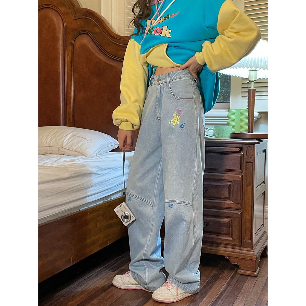 American Colored Embroidered Light Blue Jeans