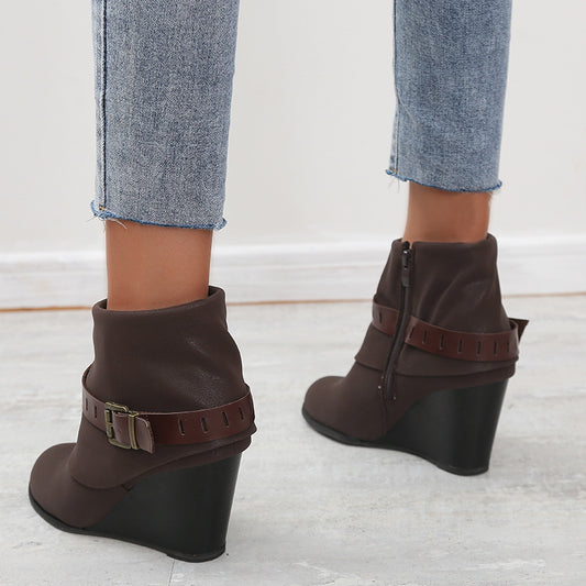 Buckled wedge high heel side zipper short boots