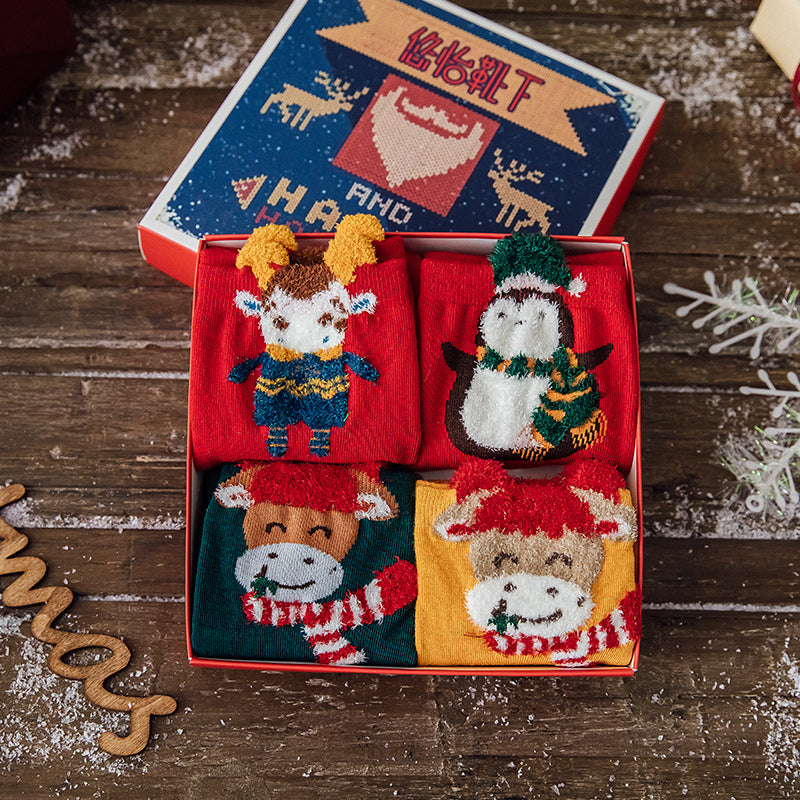 Christmas socks female middle tube pure cotton autumn and winter long tube