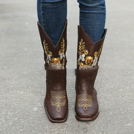 Boots Flat-bottomed Large Size Embroidery Sunflower