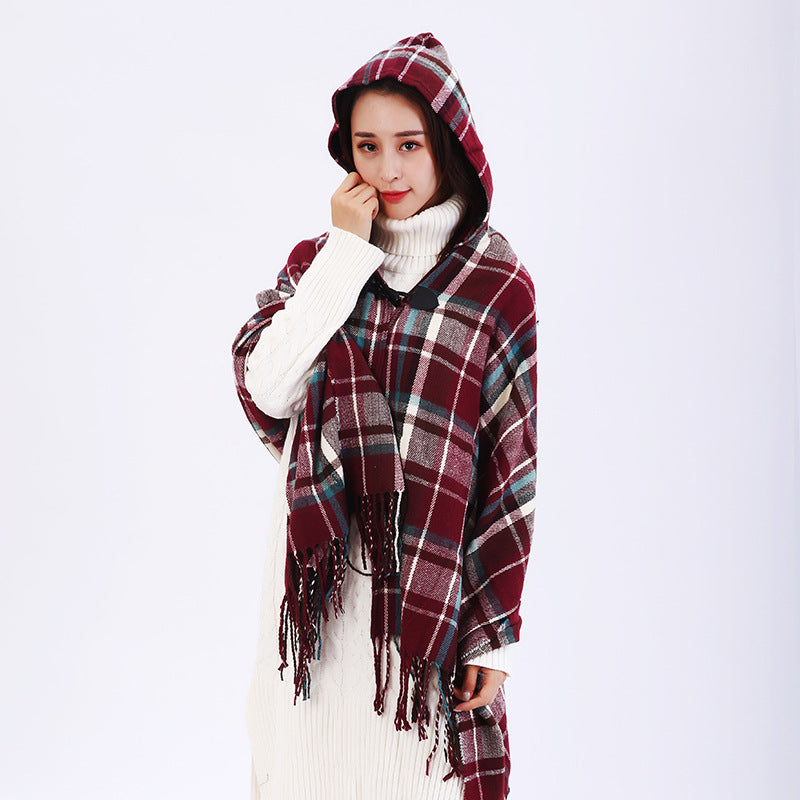 Cashmere plaid national wind hooded horn buckle cloak cloak travel air conditioning shawl