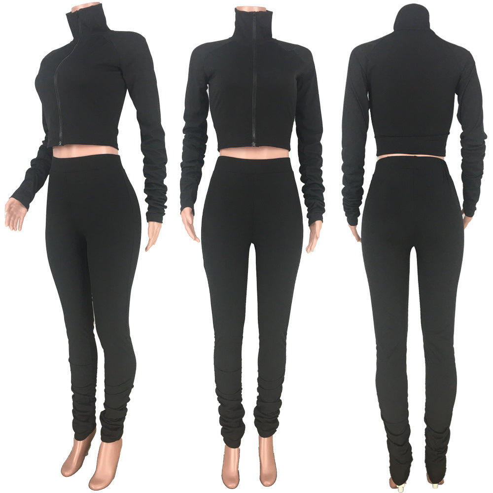 Fashion Casual Women's Pit Strip Pleated High-neck Two-piece Suit