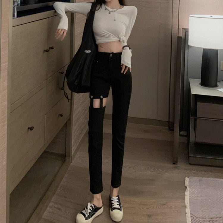 Hollow Tide High Waist Slimming Denim Daddy Pants Women