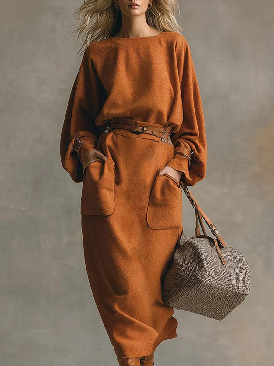 Crew-neck Long-sleeve Top Pocketed Skirt