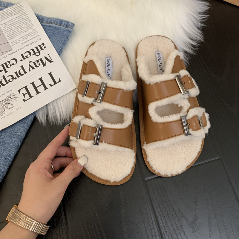 Autumn And Winter Outer Wear One-piece Lamb Wool Sandals