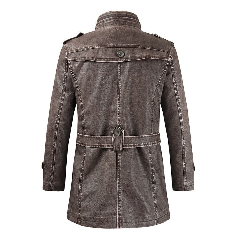Trendy casual men's mid-length slim-fit cold-proof leather jacket