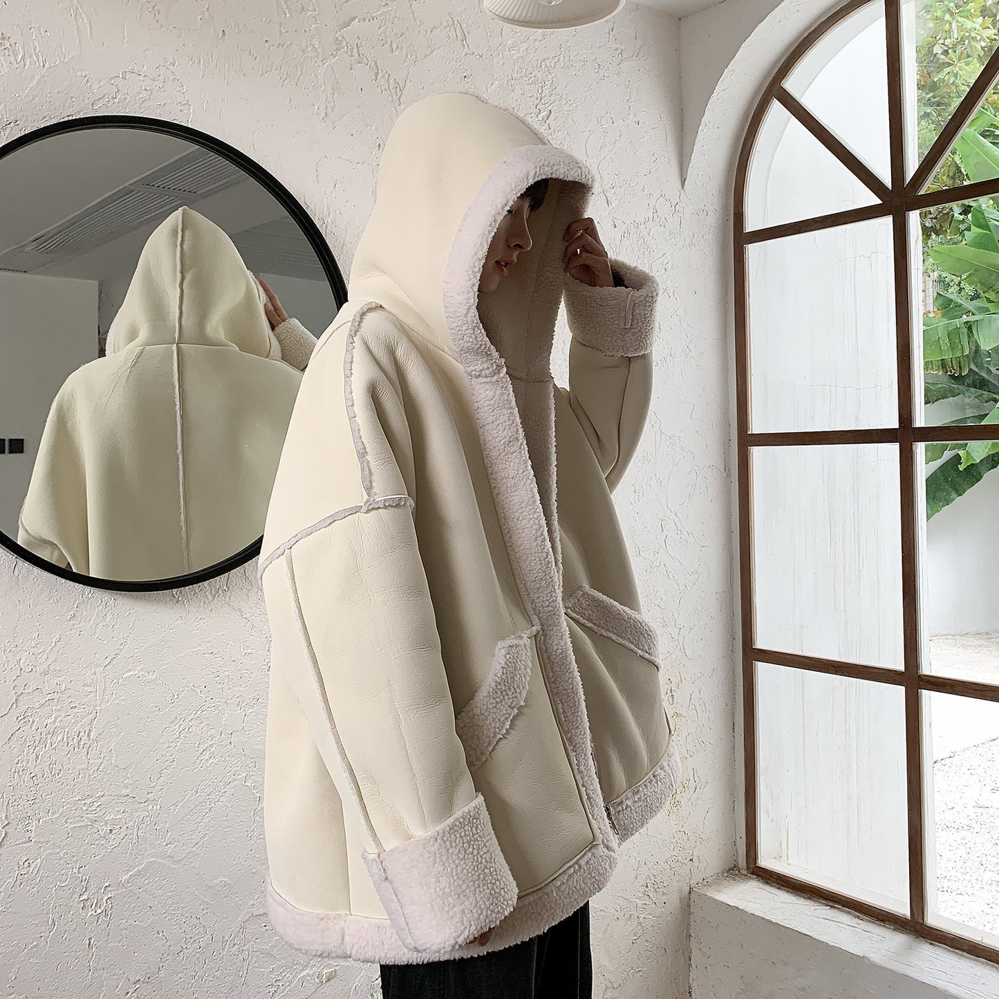 Hooded zipper fashion lambskin coat