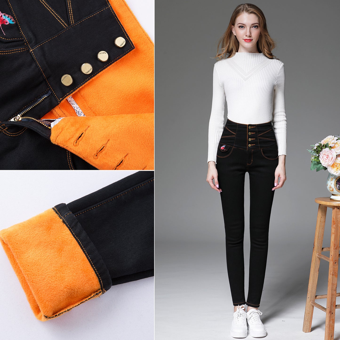 Winter new style velvet thick high-waist jeans