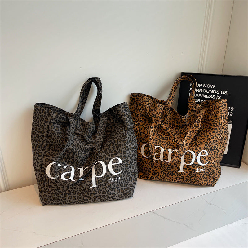 Unique One-shoulder Leopard Print Large Capacity Canvas Bag