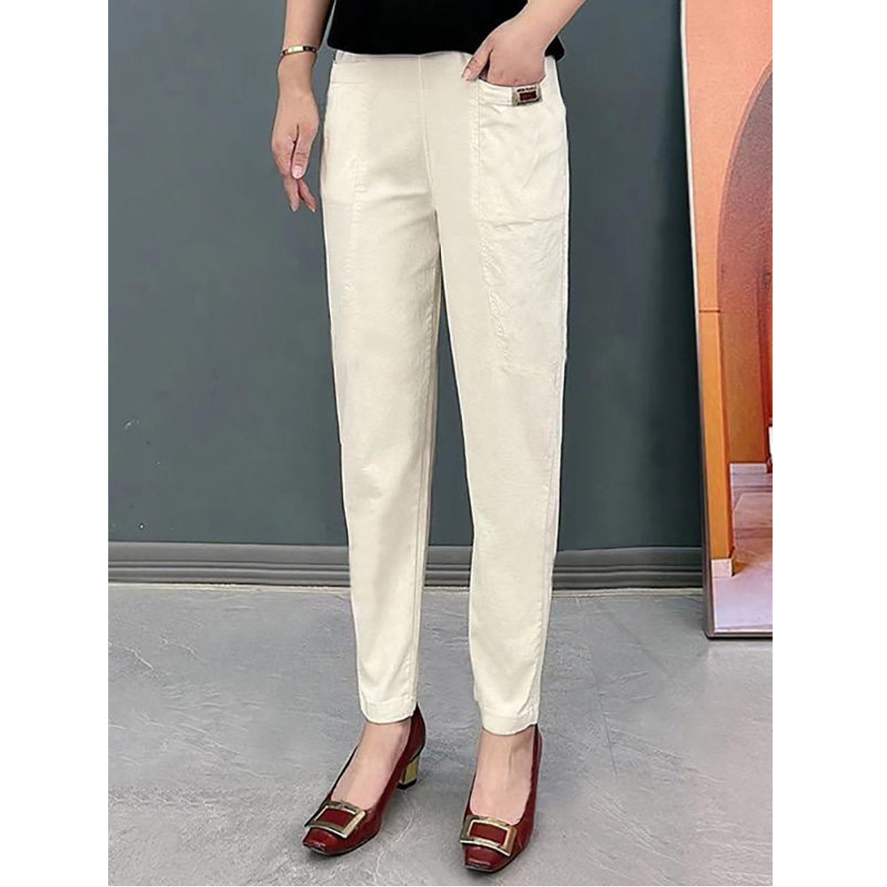 Women's Washed Cotton Summer Stretch Fashion Elastic Waist Cropped Pants
