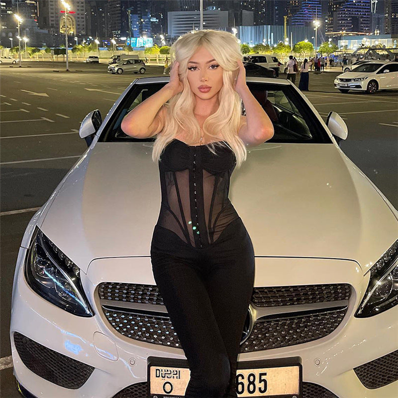 Women's Clothing Fashion Suspenders Low-cut See-through Slim Fit Bodysuit