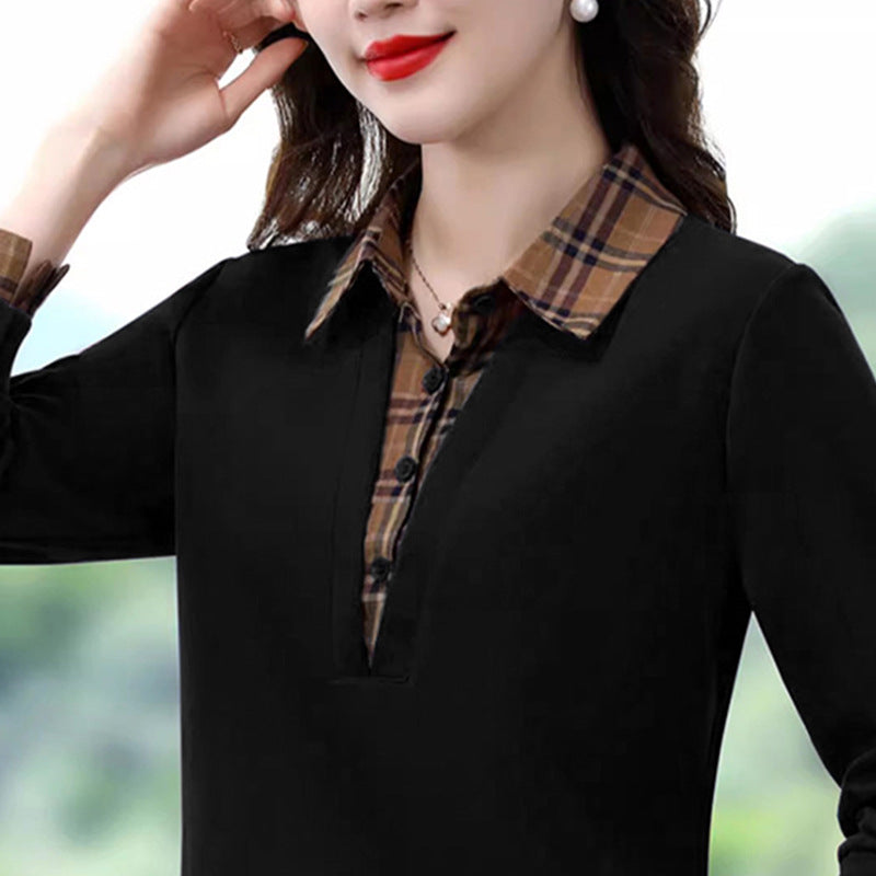 Autumn Fashion Patchwork Plaid Layered Slim-fit Top New Versatile Simple Fake Two-piece Stylish Long Sleeve
