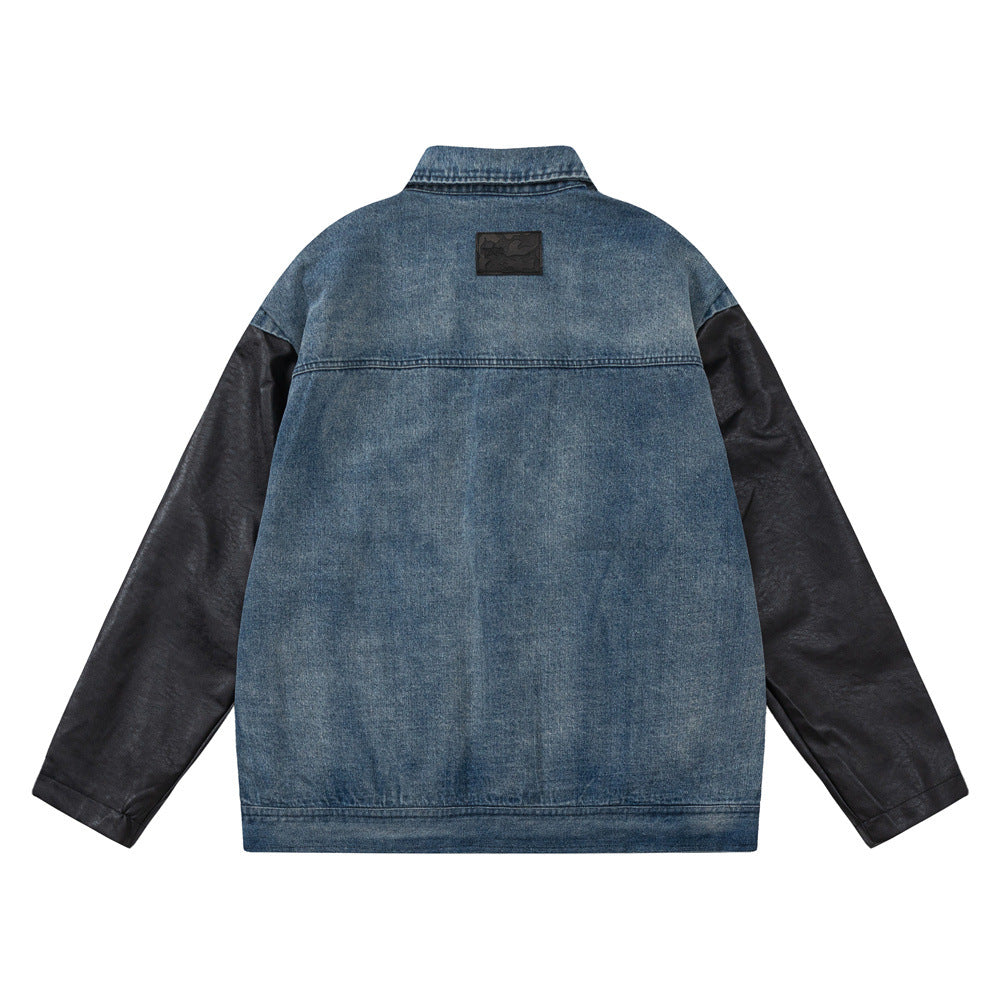 European And American Style Stitching PU Leather Sleeve Denim Jacket