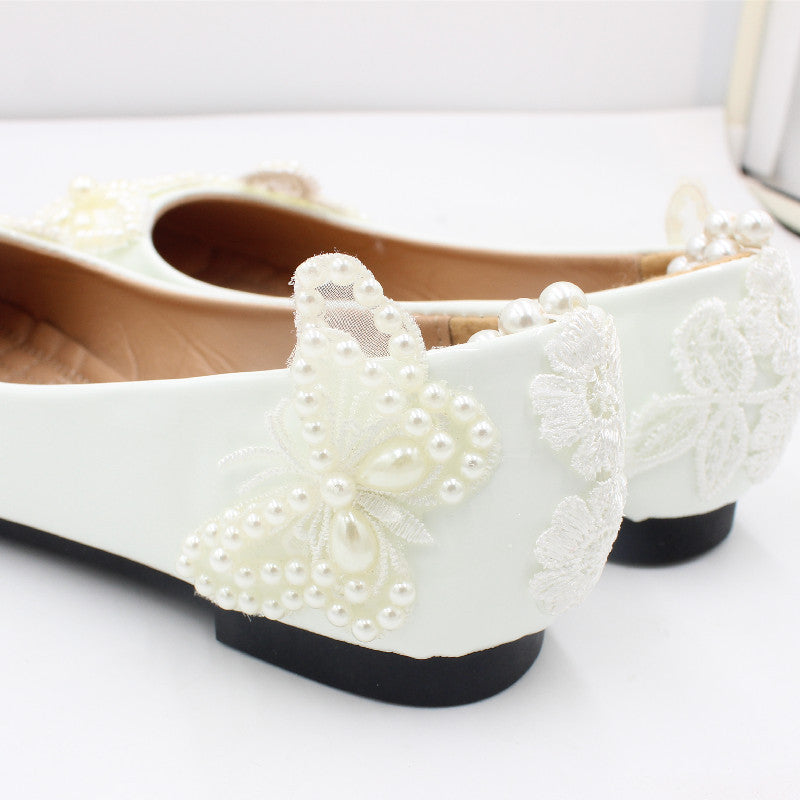 White Flat Bottom Butterfly Bead Chain Shoes