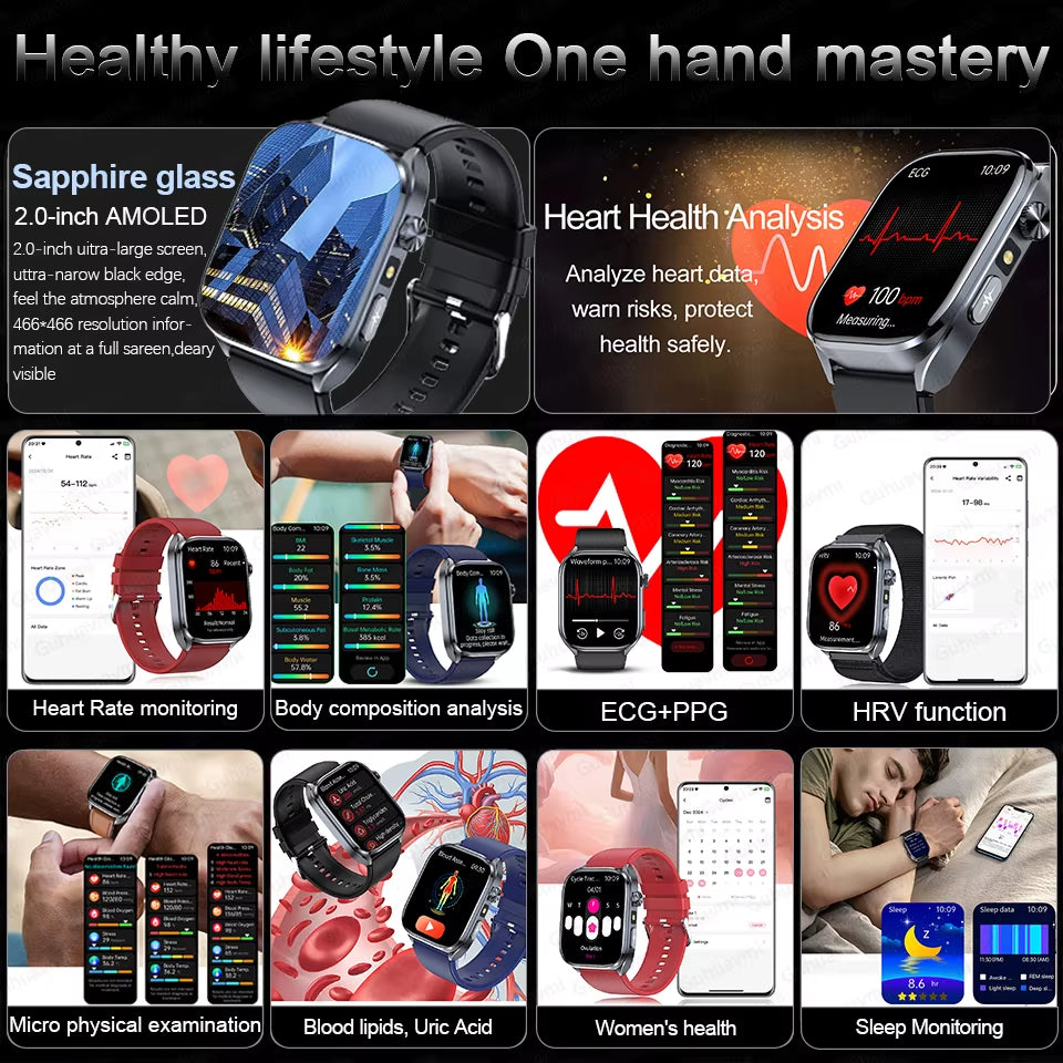 2025 New ECG+PPG AI Healthy Diagnose Smart Watch Men Blood Lipid Uric Acid BT Call Flashlight Blood Pressure Health Smartwatch
